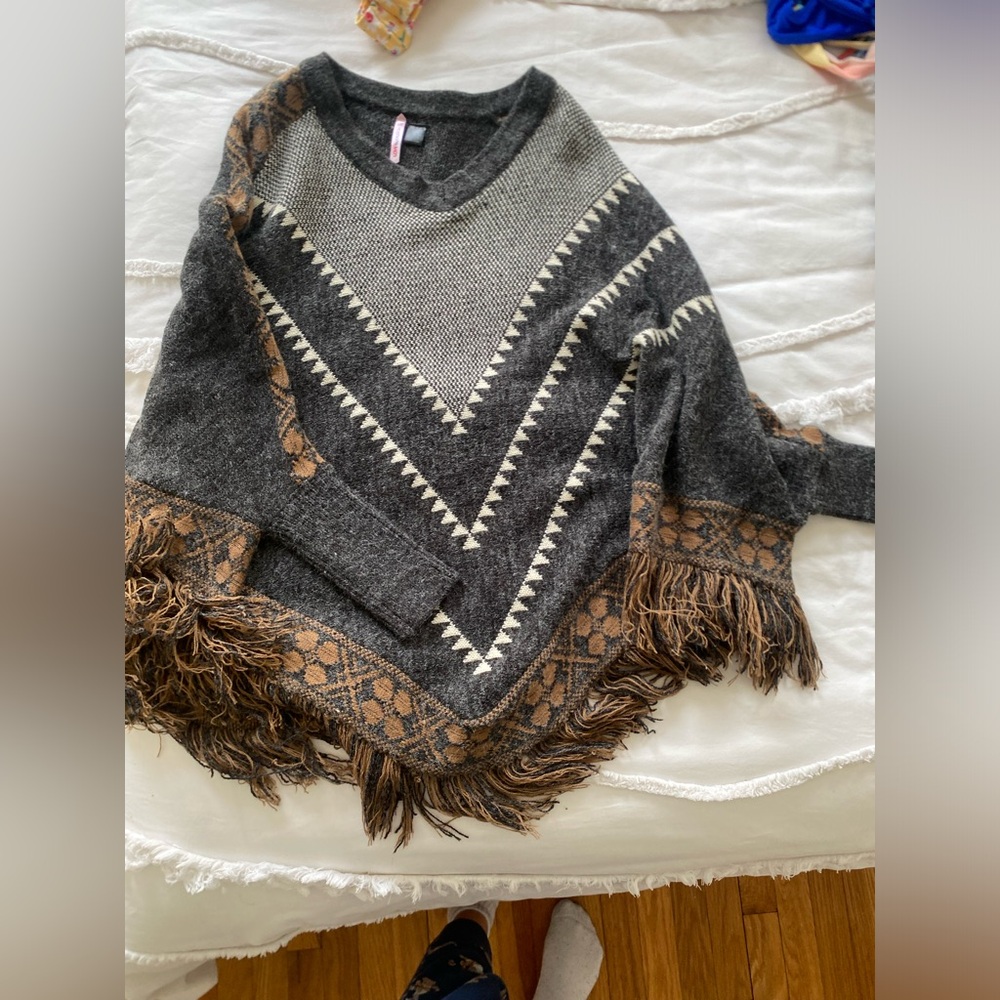 Gray and Brown Fringed Women's Sweater